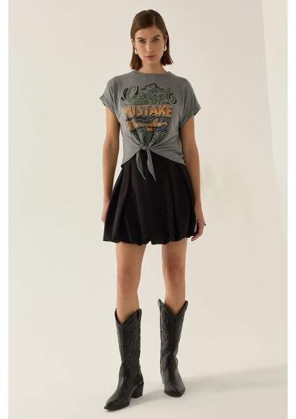 Kadın Baskılı Kısa Tişört Gri fırsatları