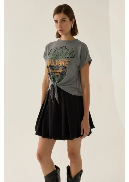 Kadın Baskılı Kısa Tişört Gri indirimleri