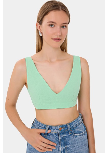 Kadın V-Yaka Kolsuz Dokuma Crop Top Green