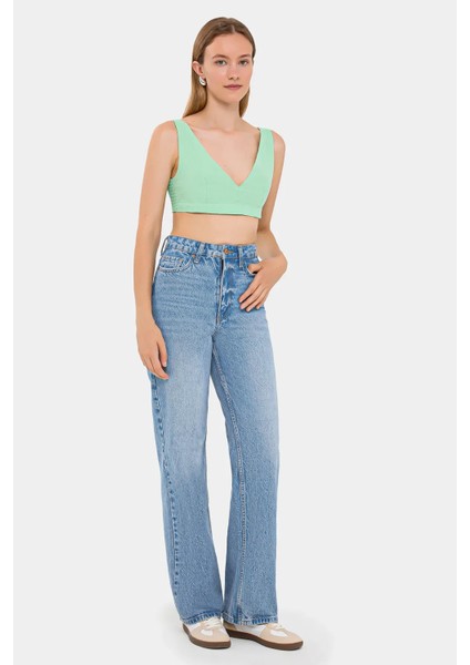 Kadın V-Yaka Kolsuz Dokuma Crop Top Green modelleri