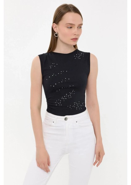 Kadın Kolsuz Pamuk Yuvarlak Yakalı Elmaslı Üst Black fırsatları