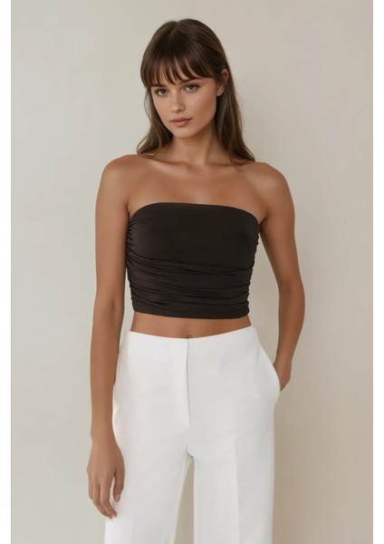 Kadın Askısız Drapeli Crop Top Black modelleri