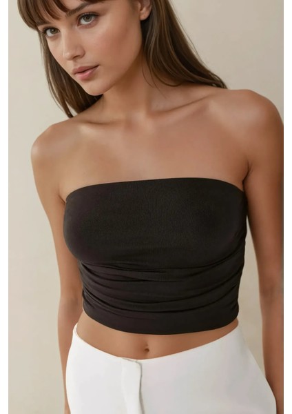 Kadın Askısız Drapeli Crop Top Black indirimleri