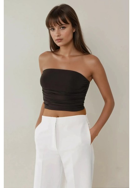 Kadın Askısız Drapeli Crop Top Black