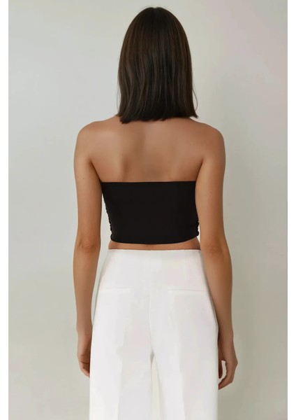 Kadın Askısız Drapeli Crop Top Black