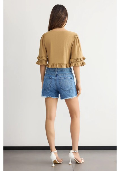 Kadın Kırpılmış V-Yaka Volanlı Bluz Brown indirimleri