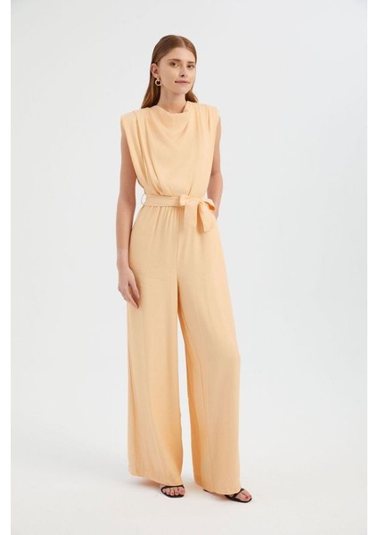 Kadın Kemer Detaylı Bisiklet Yaka Geniş Bacaklı Tulum Kehribar Sarısı