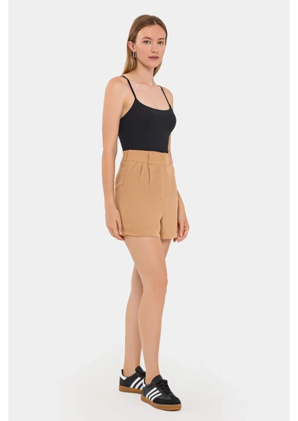 Kadın Plise Yüksek Bel Dokuma Şort Brown modelleri