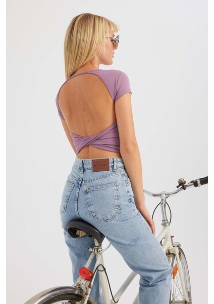 Kadın Yuvarlak Yaka Çapraz Arka Kısa Kollu Crop Top Purple