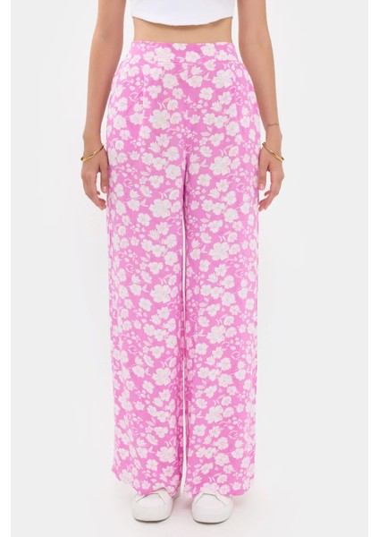 Kadın Yüksek Bel Çiçek Desenli Pantolon Pembe fiyatları
