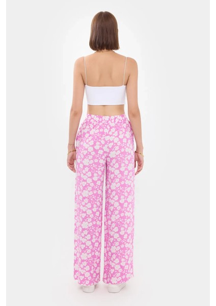 Kadın Yüksek Bel Çiçek Desenli Pantolon Pembe indirimleri