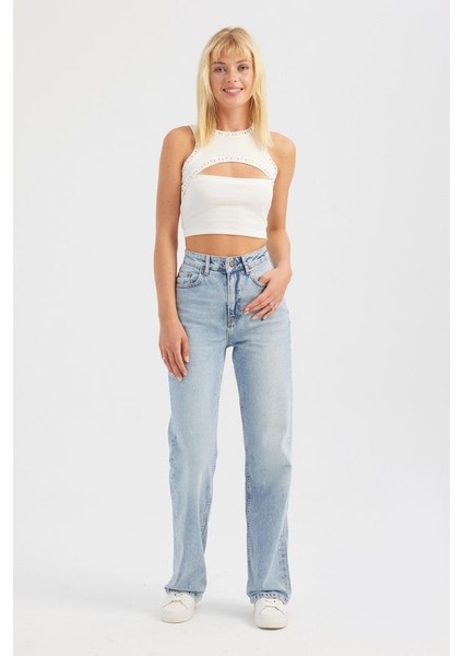 Kadın Sütyen Kesimiyle Süslü Pamuk Crop Top White