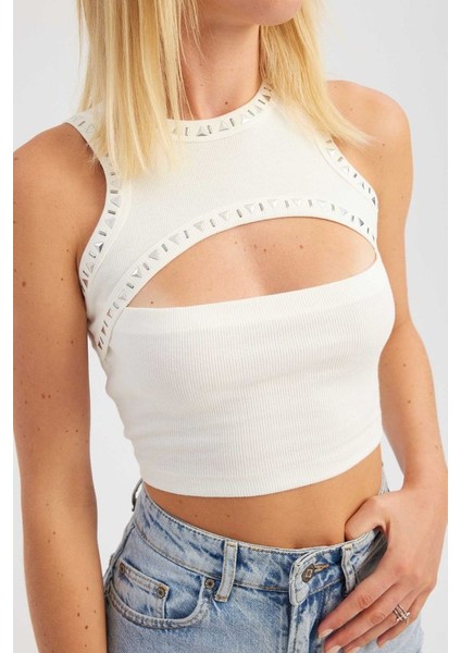 Kadın Sütyen Kesimiyle Süslü Pamuk Crop Top White fiyatları