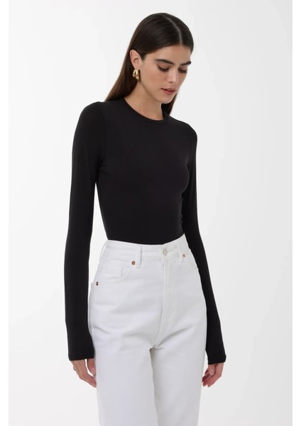 Kadın Dar Kesim Bisiklet Yaka Uzun Kollu Üst Siyah fiyatları