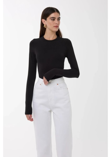 Kadın Dar Kesim Bisiklet Yaka Uzun Kollu Üst Siyah modelleri