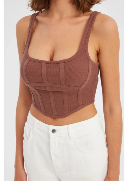 Kadın Kare Yaka Kolsuz Ön Dikişli Korse Üstü Brown indirimleri