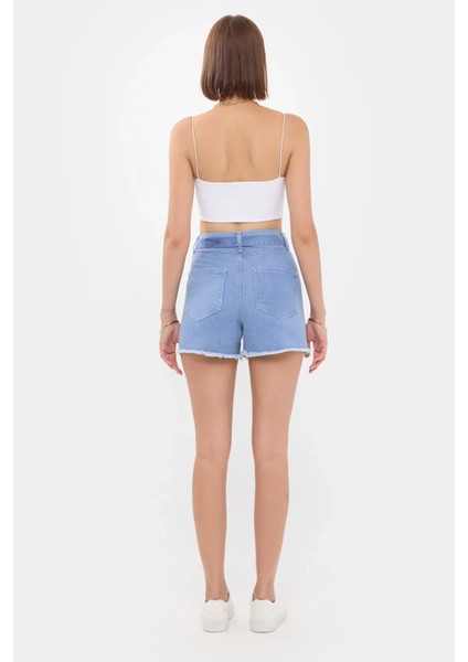 Kadın Dikişsiz Kenarlı Yüksek Bel Mini Kot Şort Mavi indirimleri