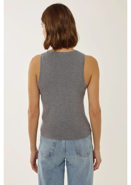 Kadın Vücuda Oturan Ribanalı U Yaka Kolsuz Üst Grey indirimleri