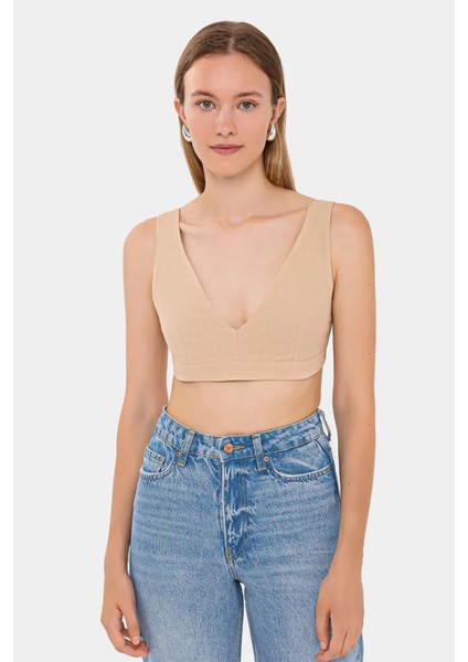 Kadın V-Yaka Kolsuz Dokuma Crop Top Natural