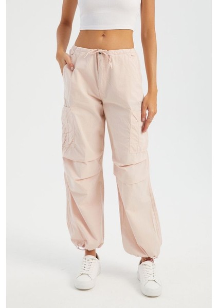 Kadın Orta Bel Fermuarlı Cargo Pantolon Pink