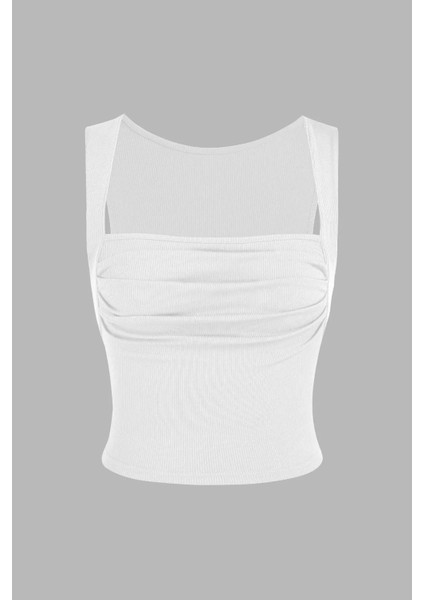 Kadın Drape Kare Yaka Bluz Beyaz