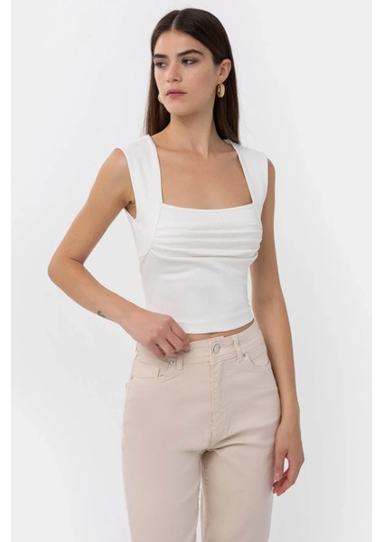 Kadın Drape Kare Yaka Bluz Beyaz modelleri