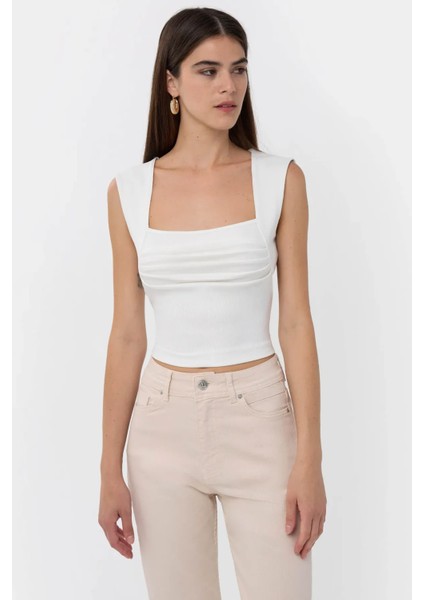 Kadın Drape Kare Yaka Bluz Beyaz