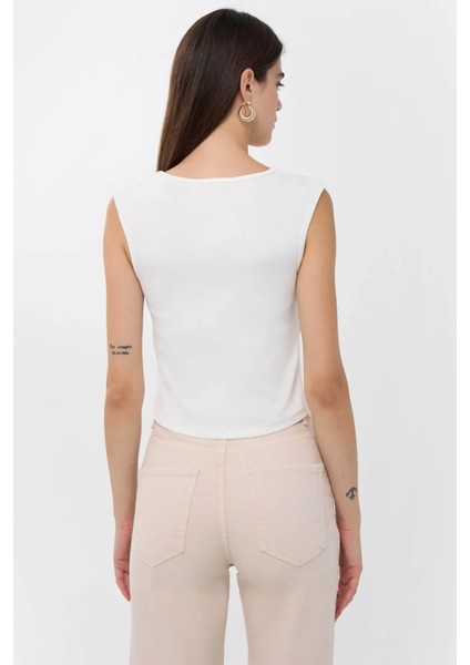 Kadın Drape Kare Yaka Bluz Beyaz