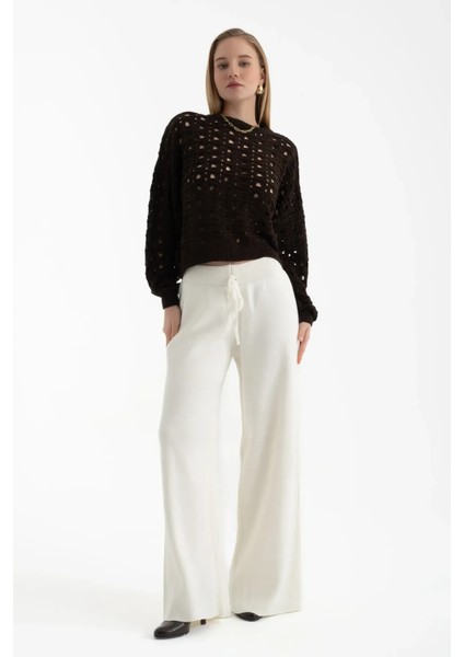 Kadın Örme Bağcıklı Geniş Kesim Pantolon White