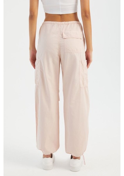 Kadın Orta Bel Fermuarlı Cargo Pantolon Pink