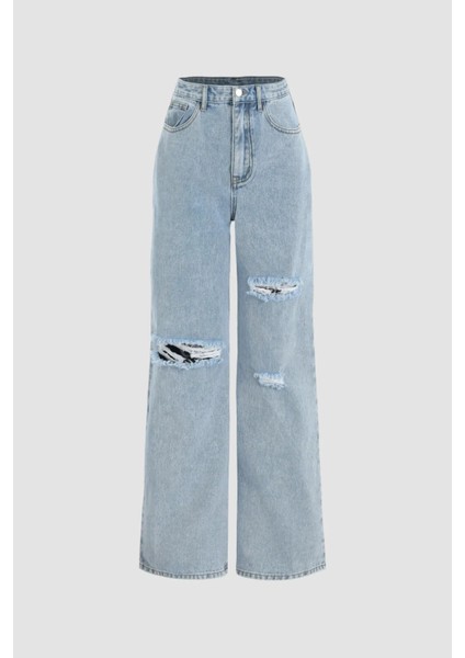 Kadın Yıpratmalı Wide Leg Kot Pantolon Blue