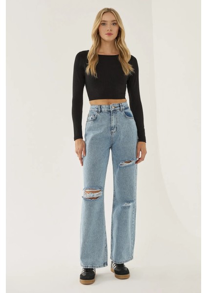 Kadın Yıpratmalı Wide Leg Kot Pantolon Blue modelleri