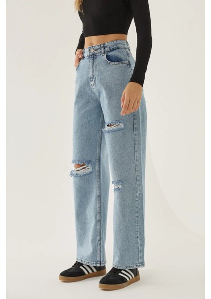 Kadın Yıpratmalı Wide Leg Kot Pantolon Blue indirimleri