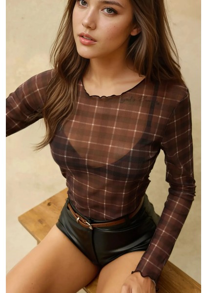 Kadın Desenli Bisiklet Yaka Top Brown