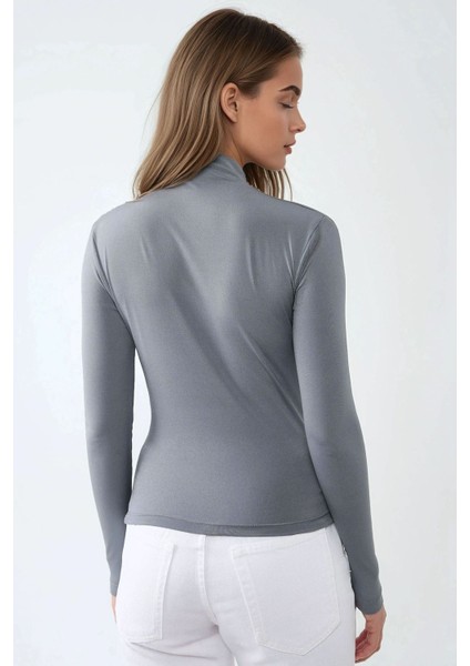 Kadın Dik Yaka Büzgü Detaylı Sandy Bluz Grey indirimleri