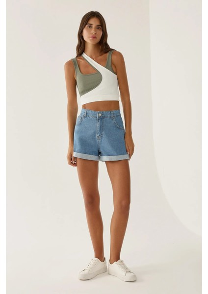 Kadın Kıvrık Paça Mom Fit Şort Blue