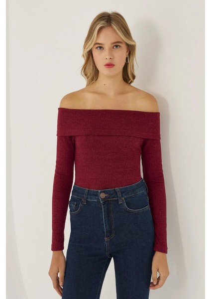 Kadın Off Shoulder Örme Üst Red