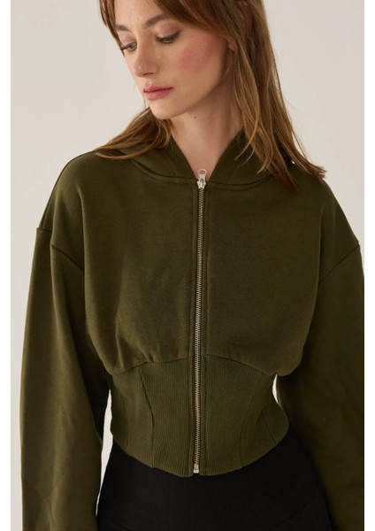 Kadın Zipperlı Slim Fit Kısa Hoodie Green fiyatları