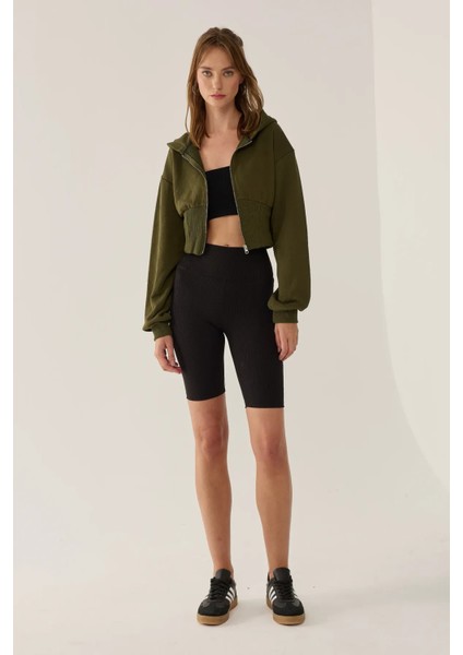 Kadın Zipperlı Slim Fit Kısa Hoodie Green modelleri
