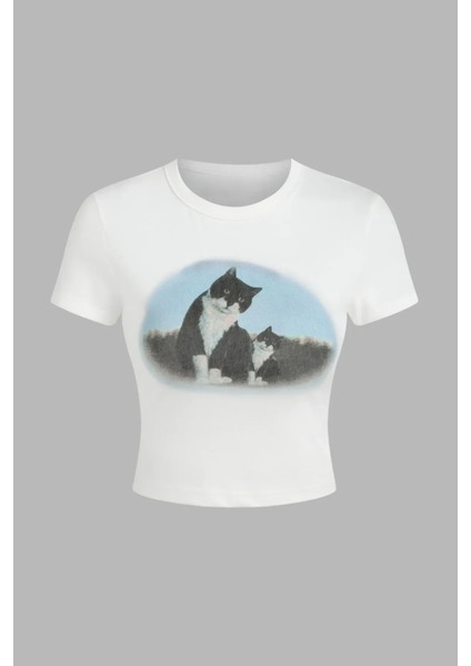 Kadın Baskılı Pamuklu Crop Tişört White