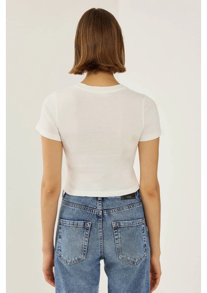 Kadın Baskılı Pamuklu Crop Tişört White