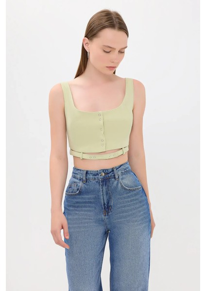 Kadın Kemer Detaylı Düğmeli Kare Yaka Kamu Tank Top Green