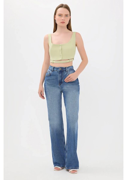 Kadın Kemer Detaylı Düğmeli Kare Yaka Kamu Tank Top Green modelleri