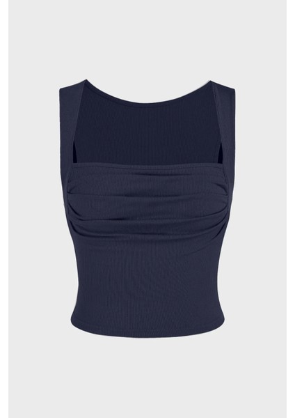 Kadın Drape Kare Yaka Bluz Blue