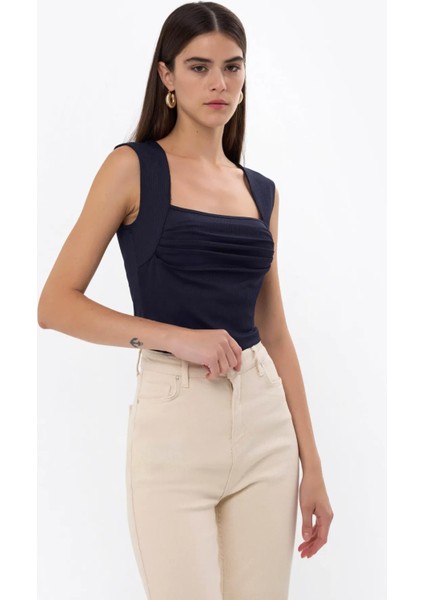 Kadın Drape Kare Yaka Bluz Blue fiyatları