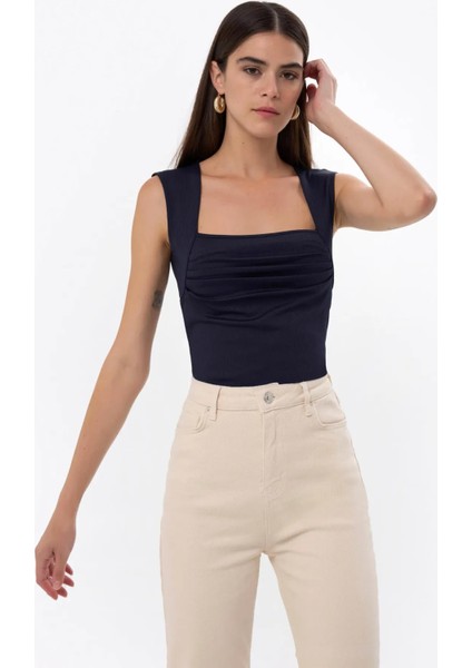 Kadın Drape Kare Yaka Bluz Blue fırsatları