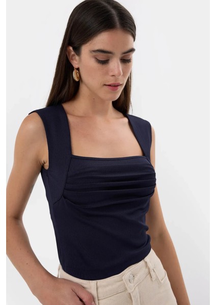 Kadın Drape Kare Yaka Bluz Blue indirimleri