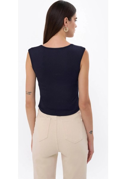 Kadın Drape Kare Yaka Bluz Blue