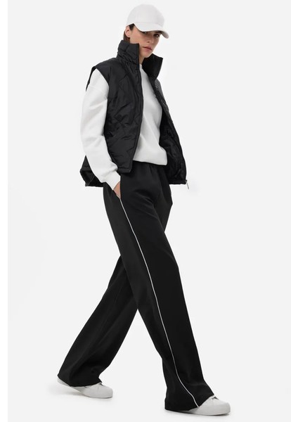 Kadın Kontrast Detaylı Geniş Kesim Elastik Bel Pantolon Black