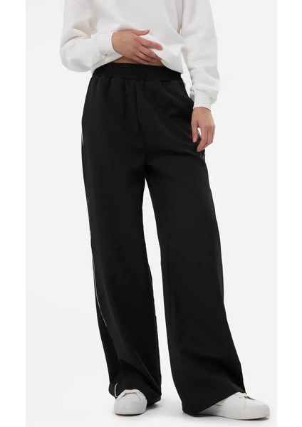 Kadın Kontrast Detaylı Geniş Kesim Elastik Bel Pantolon Black fırsatları